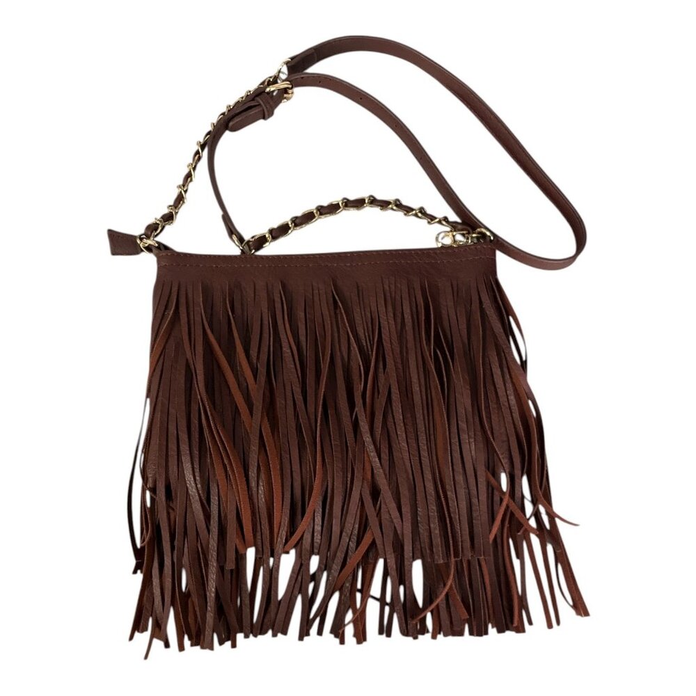 Brown Faux Leather Fringe Crossbody Bag – Boho Western Style – Gold Chain Strap